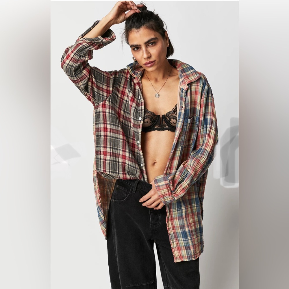 Intimately Free People Mustard Yellow Plaid Tunic Raw Hem Small